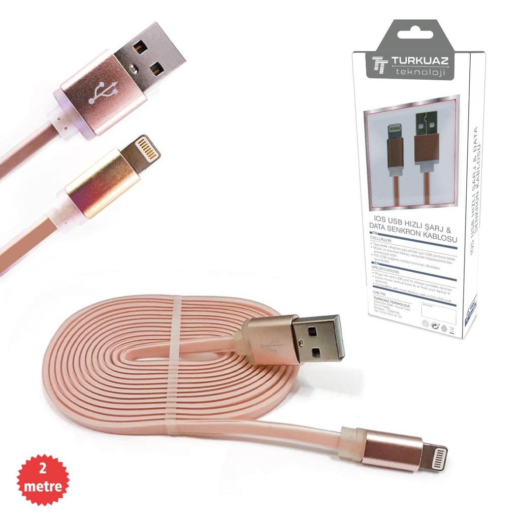 Iphone Şarj Kablosu Flat Pembe 2.4a 200cm Turkuaz