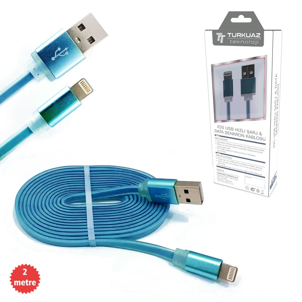 Iphone Şarj Kablosu Flat Mavi 2.4a 200cm Turkuaz