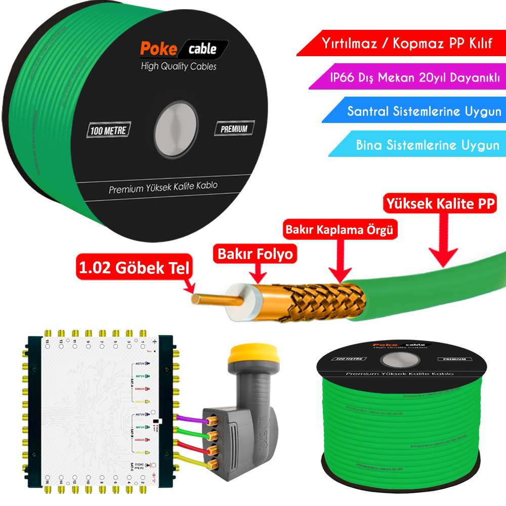 Dış Mekan PP Anten Kablosu Gold RG6/U4 64Tel 1.02 Yeşil 100mt Poke PK-1476