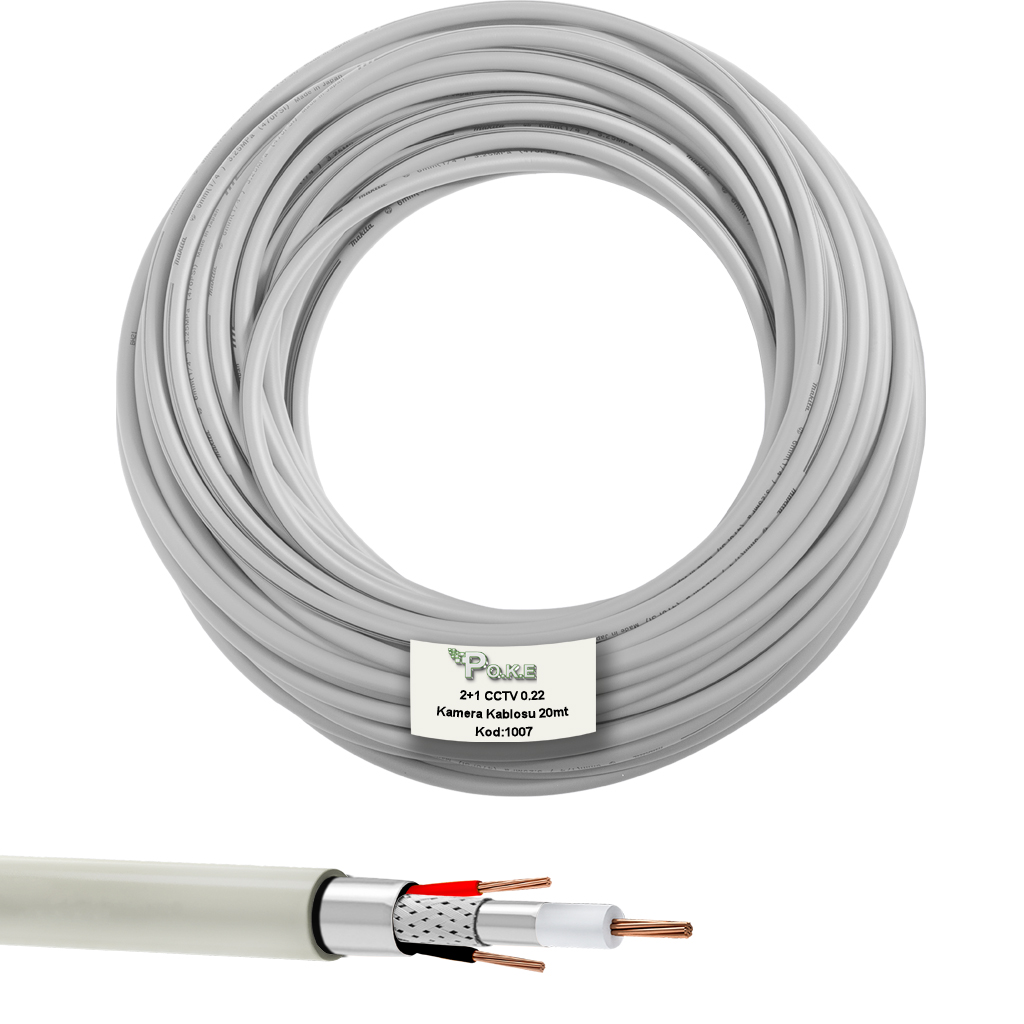 2+1 CCTV 0.22 Kamera Kablosu 20mt Poke Pk-1007