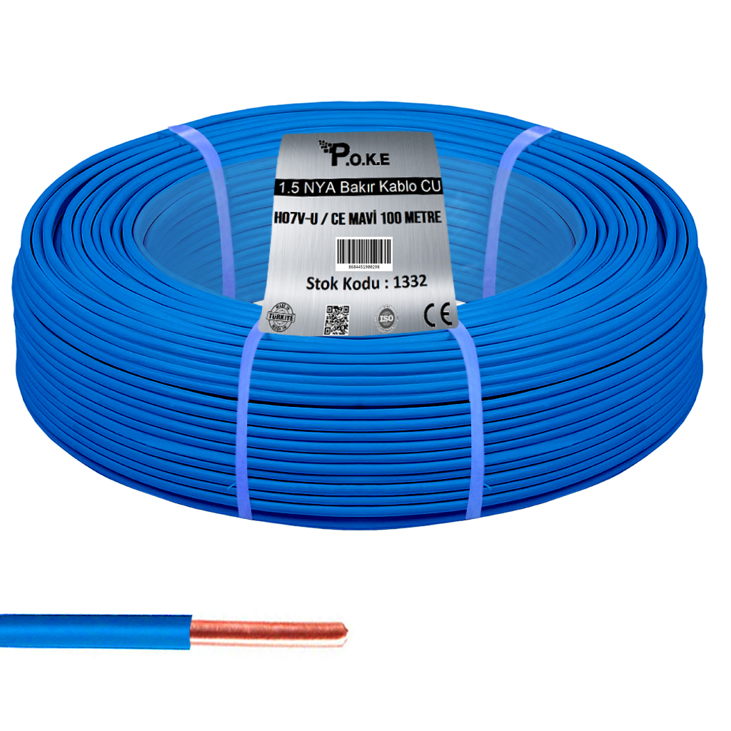 1.5 NYA Bakır CU Kablo H07V-U CE Mavi 100mt Poke PK-1332