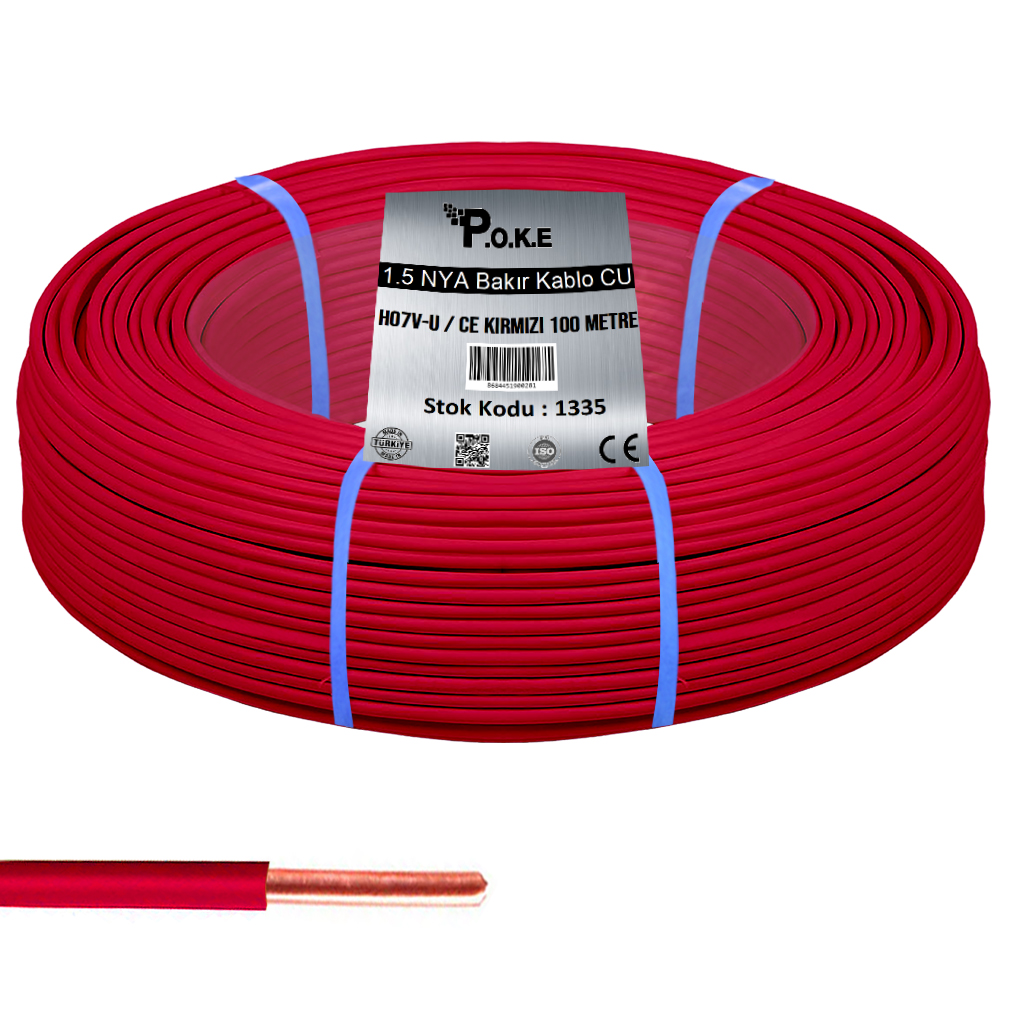 1.5 NYA Bakır CU Kablo H07V-U CE Kırmızı 100mt Poke PK-1335