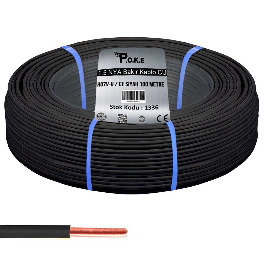 1.5 NYA Bakır CU Kablo H07V-U CE Siyah 100mt Poke PK-1336