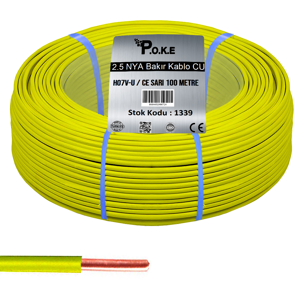 2.5 NYA Bakır CU Kablo H07V-U CE Sarı 100 mt Poke PK-1339